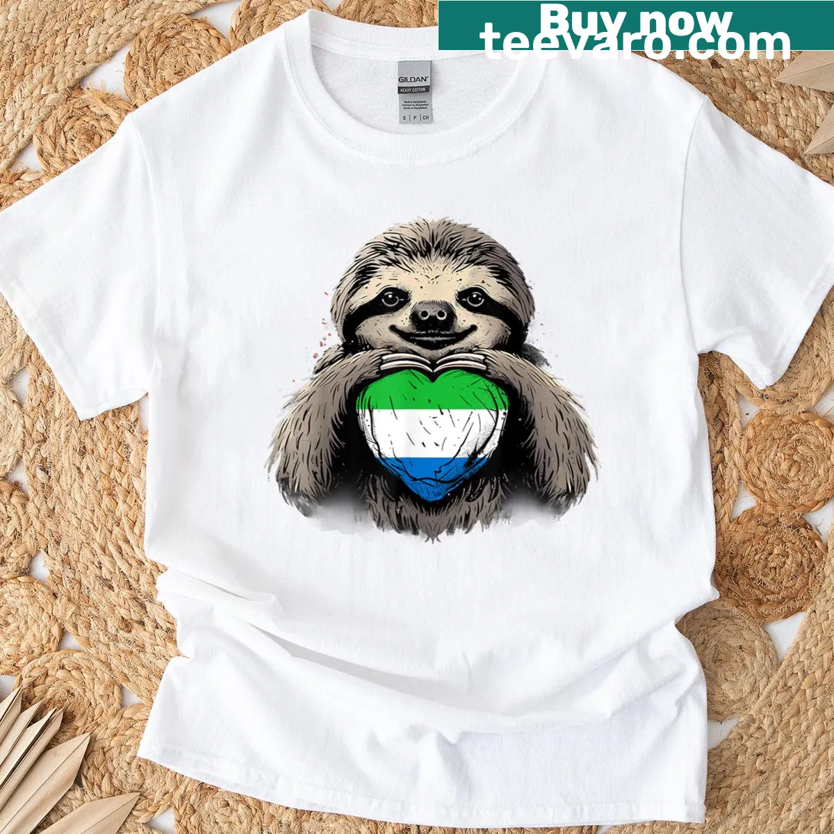 Vintage sloth design with Sierra Leone flag in heart shape — on a men's t-shirt