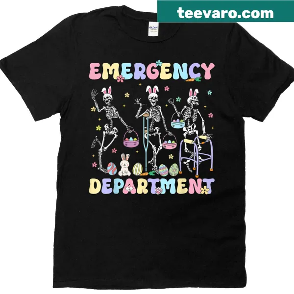 Easter-themed ER nurse t-shirt with a dancing skeleton