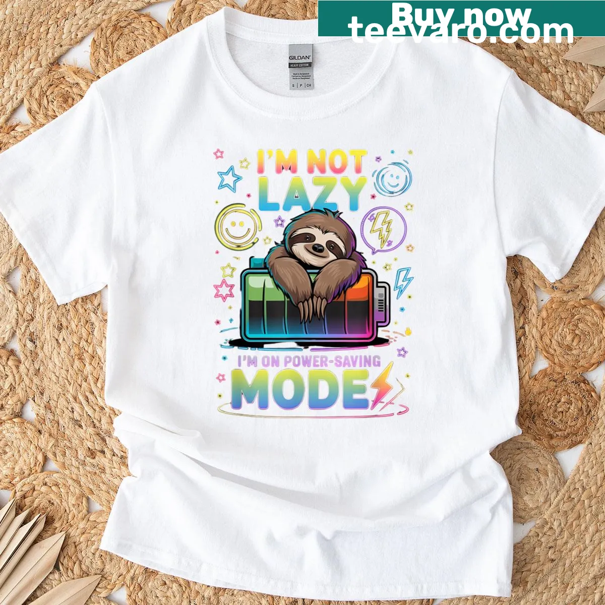 Funny sloth graphic with the phrase about power-saving mode — on a men's t-shirt