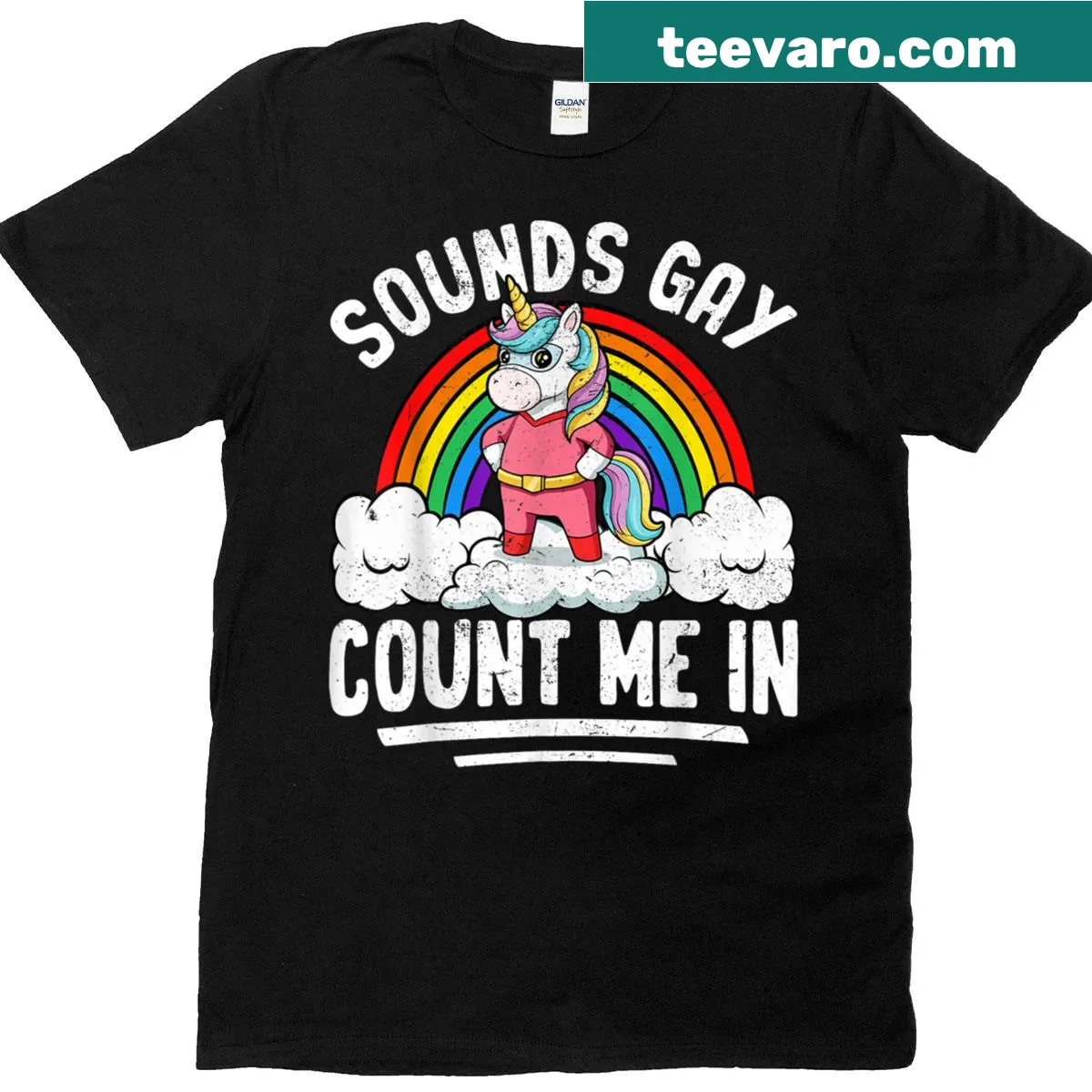 Colorful LGBT pride T-shirt featuring a unicorn and rainbow flag — on a men's t-shirt