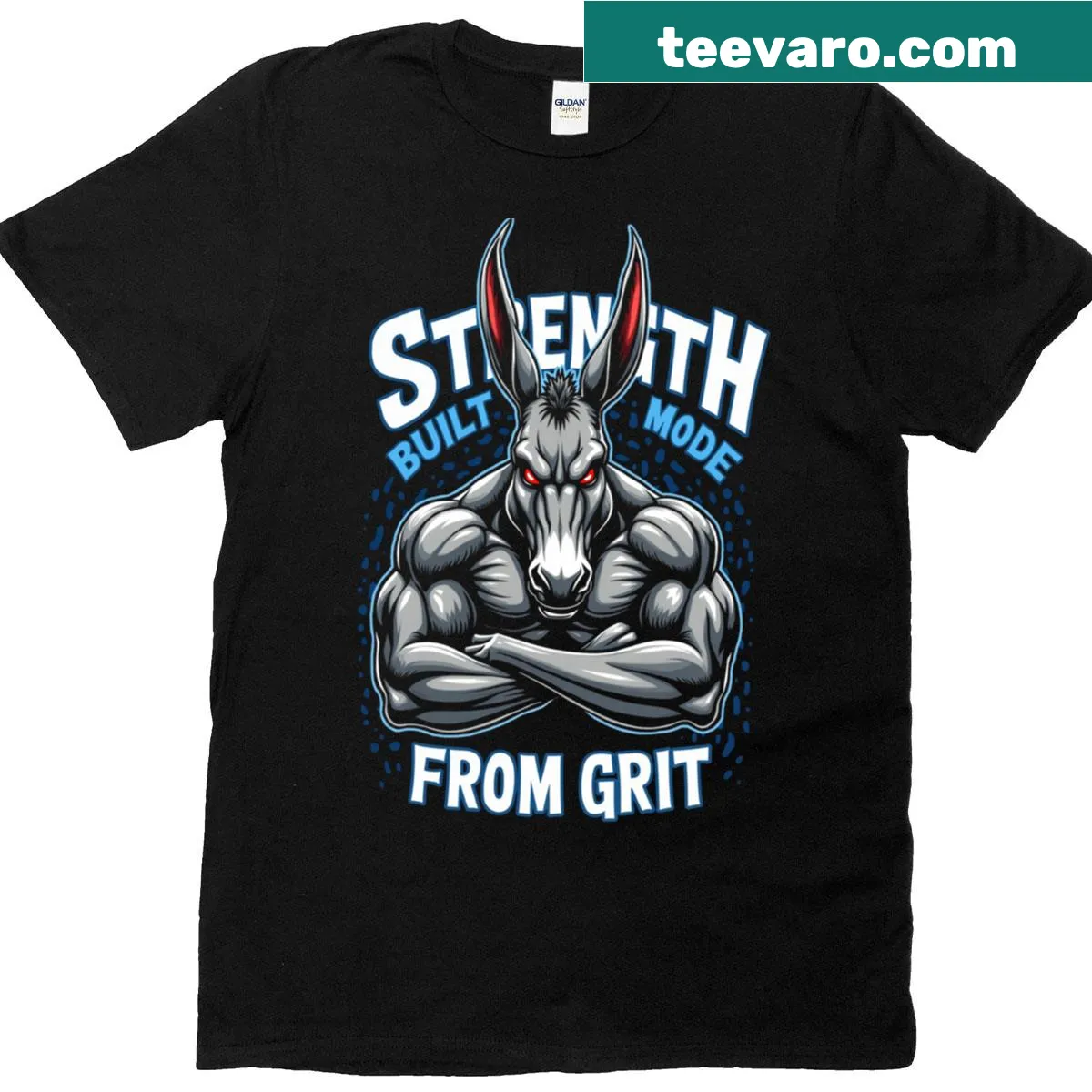 Illustration of a muscular donkey signifying strength on a fitness t-shirt — on a men's t-shirt
