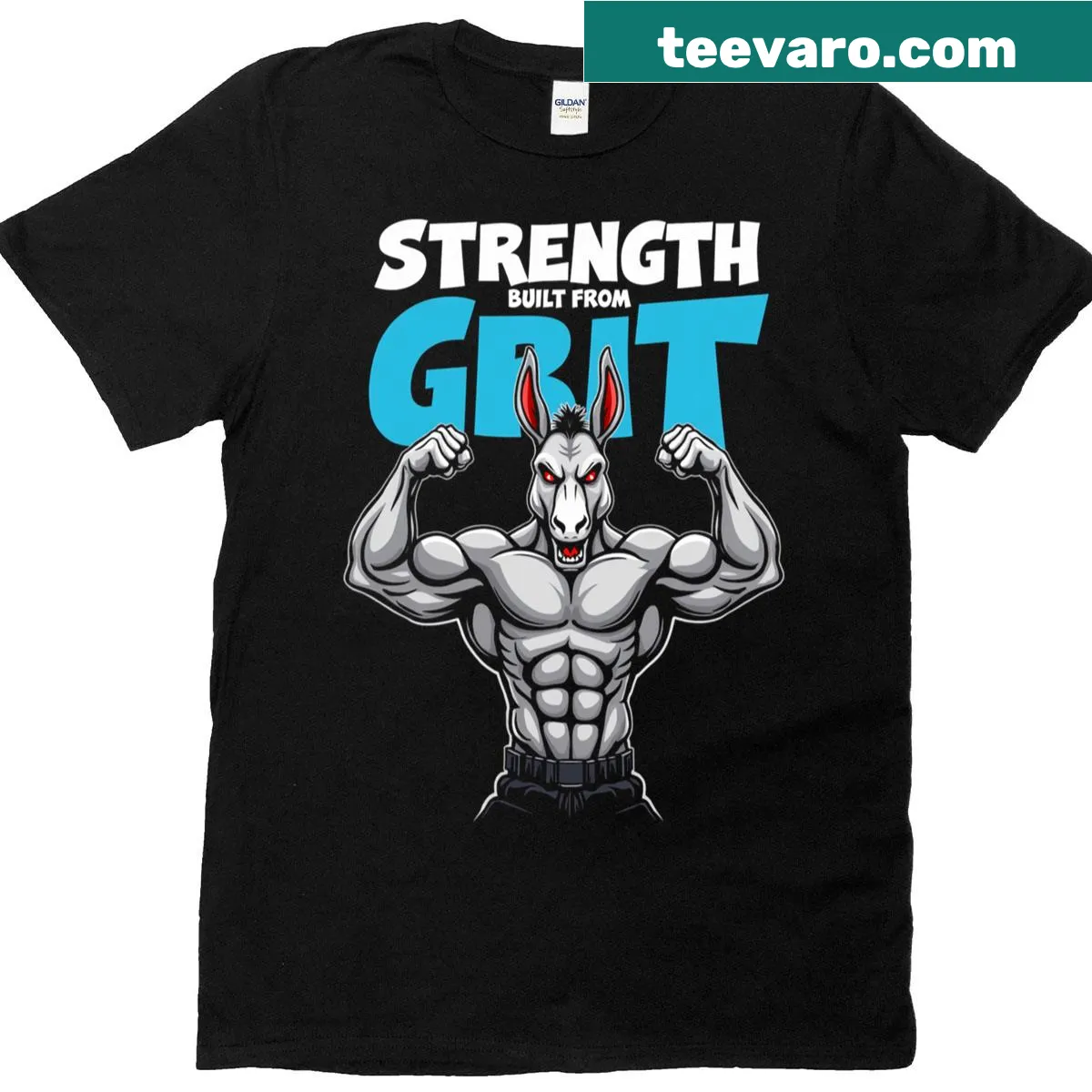 Illustration of a muscular donkey on fitness-themed T-shirt — on a men's t-shirt