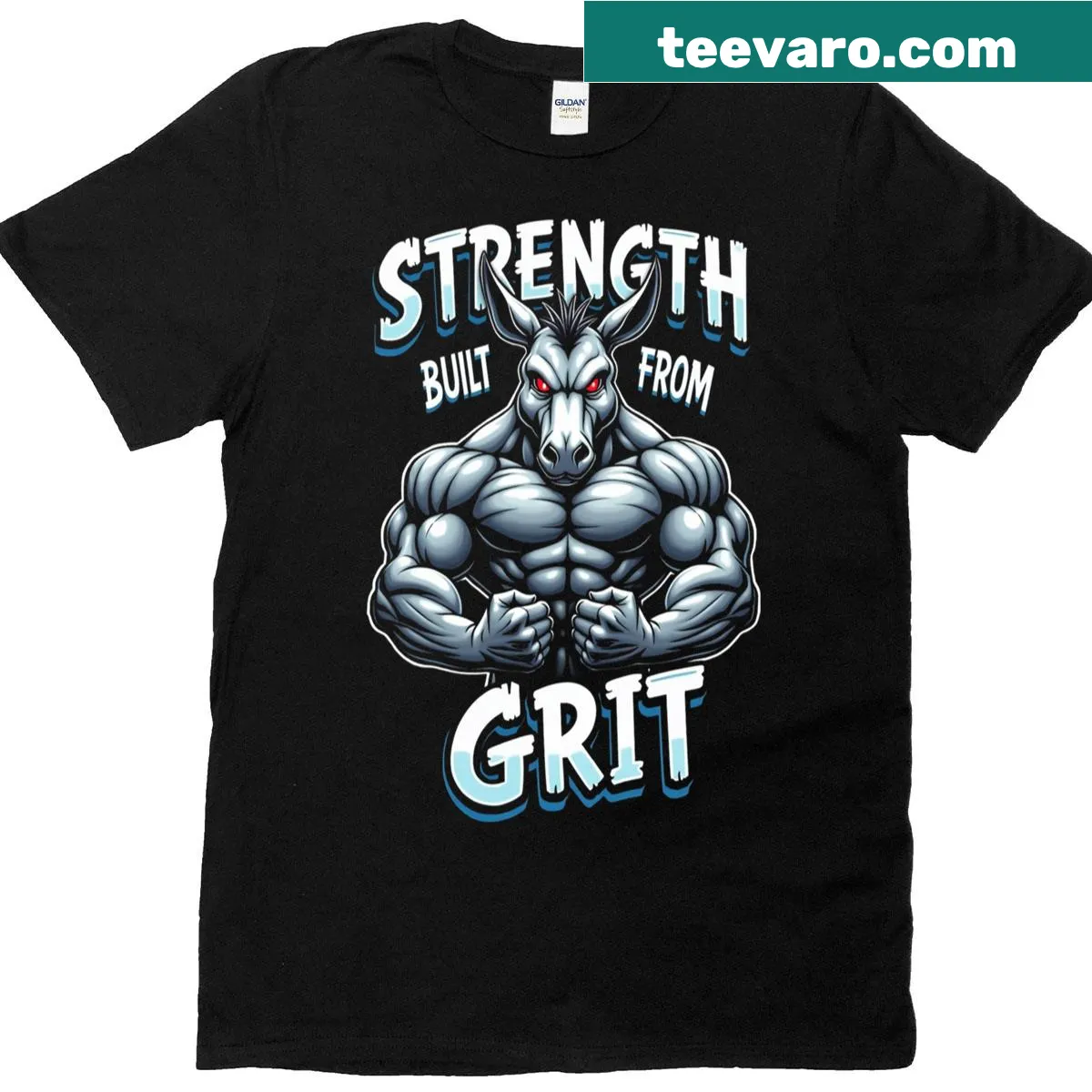 Bodybuilder donkey illustration symbolizing strength on a fitness t-shirt — on a men's t-shirt