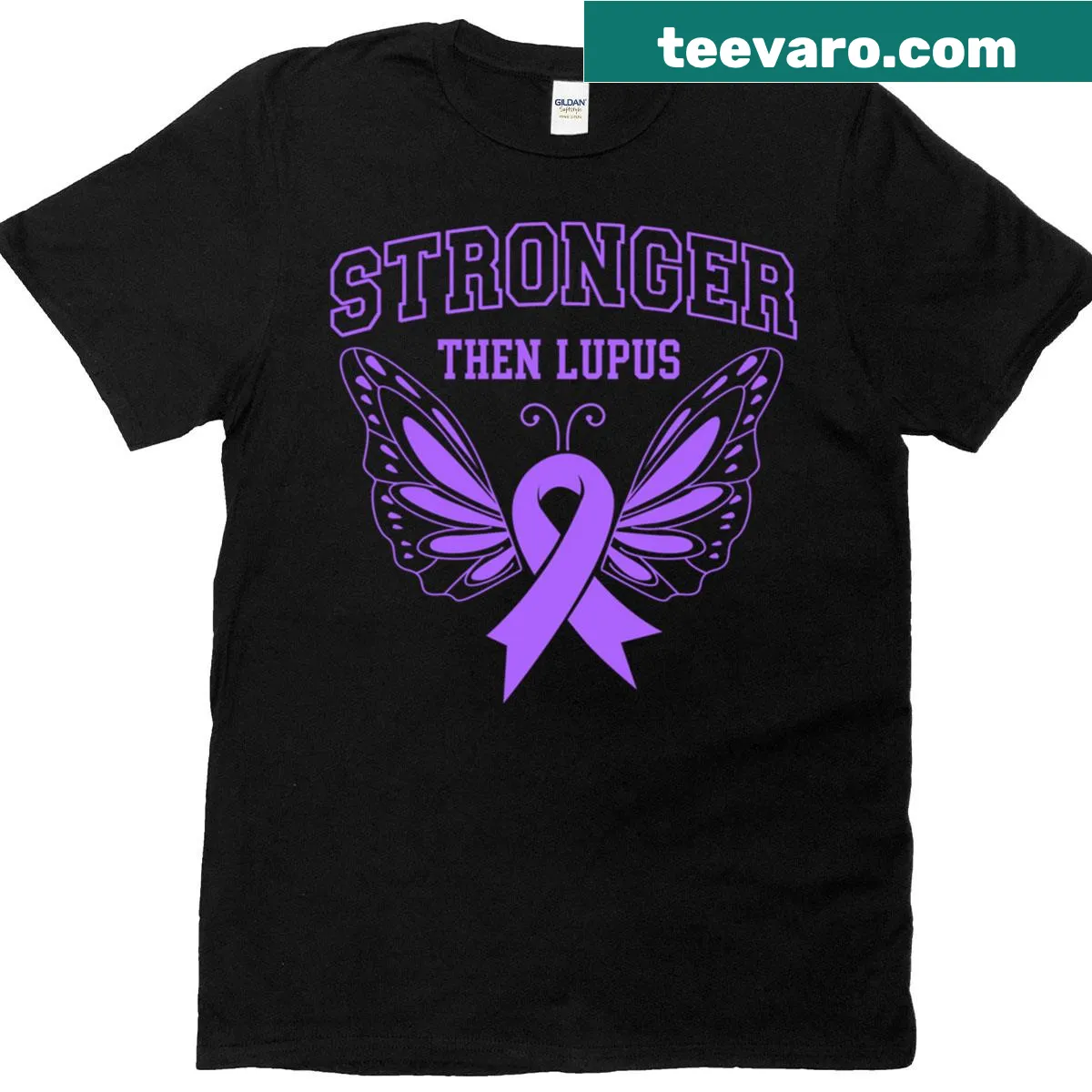 Illustrative butterfly design with 'Stronger Than Lupus' text on long sleeve t-shirt — on a men's t-shirt