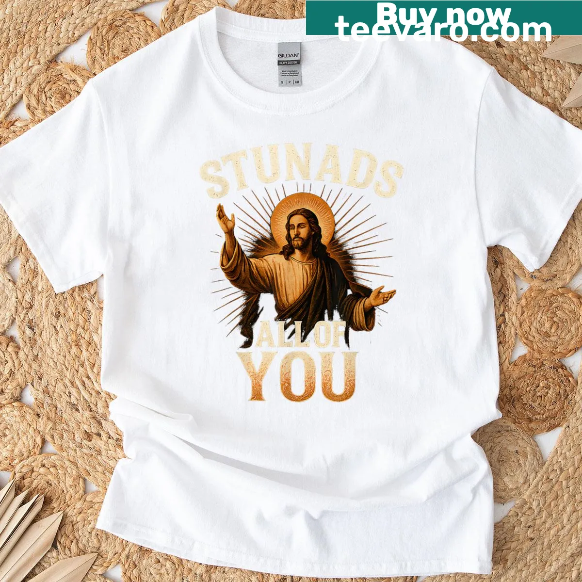 Funny t-shirt with Jesus silhouette and 'Stunads All Of You' text — on a men's t-shirt