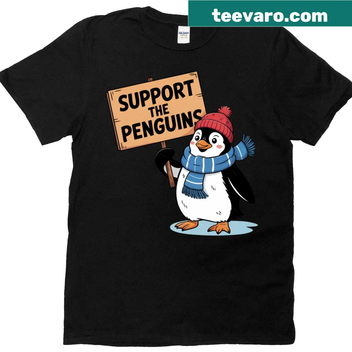 Illustrative penguin protest t-shirt addressing wildlife tariffs — on a men's t-shirt