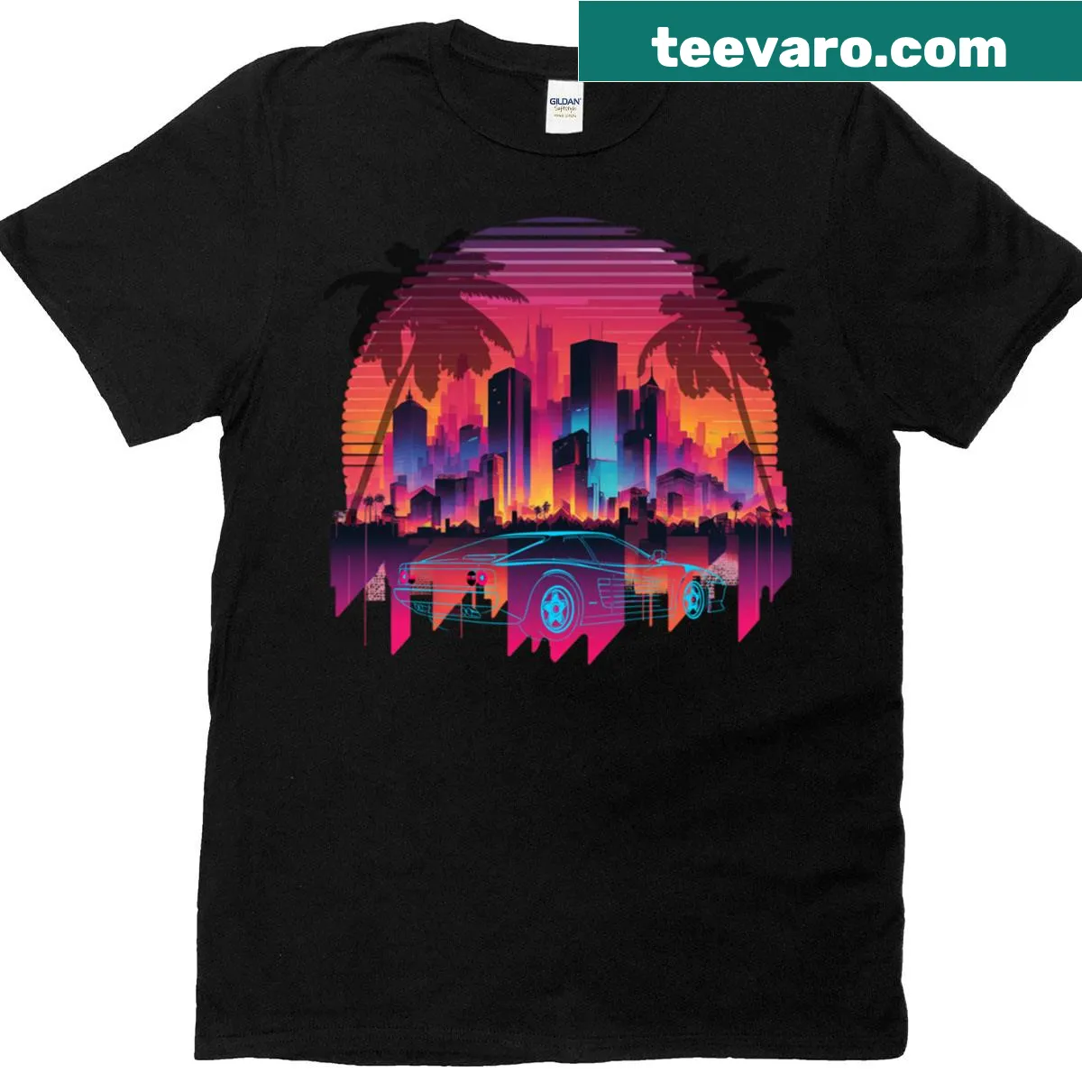 Retro sports car graphic T-shirt with a nostalgic synthwave design — on a men's t-shirt