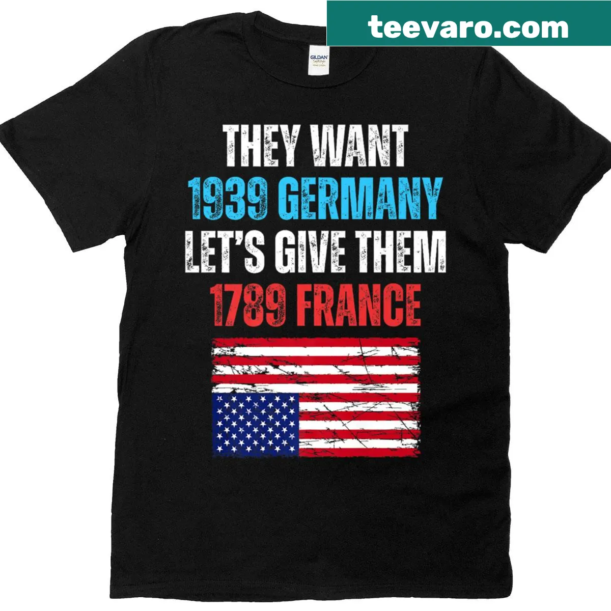 Text graphic with historical references and US flag — on a men's t-shirt
