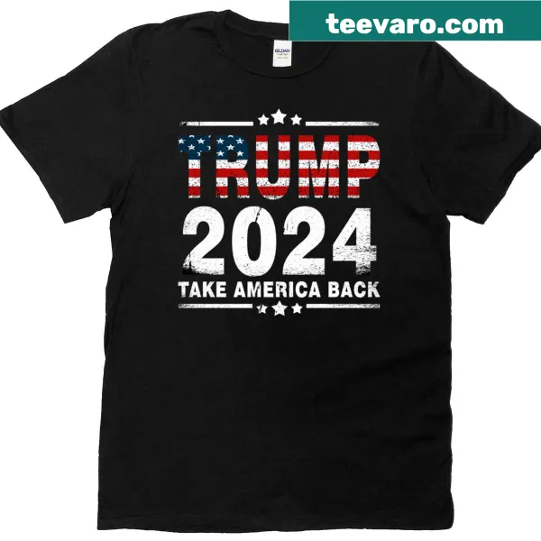 Trump 2024 t-shirt featuring American flag and political text