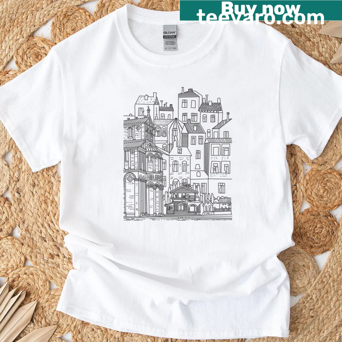 Classic t-shirt with detailed line art cityscape design — on a men's t-shirt