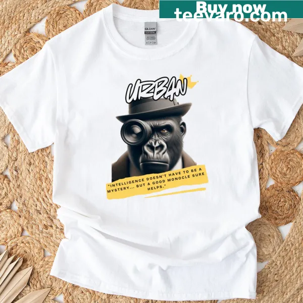 Playful Urban Monkey t-shirt featuring a cartoon gorilla with a monocular