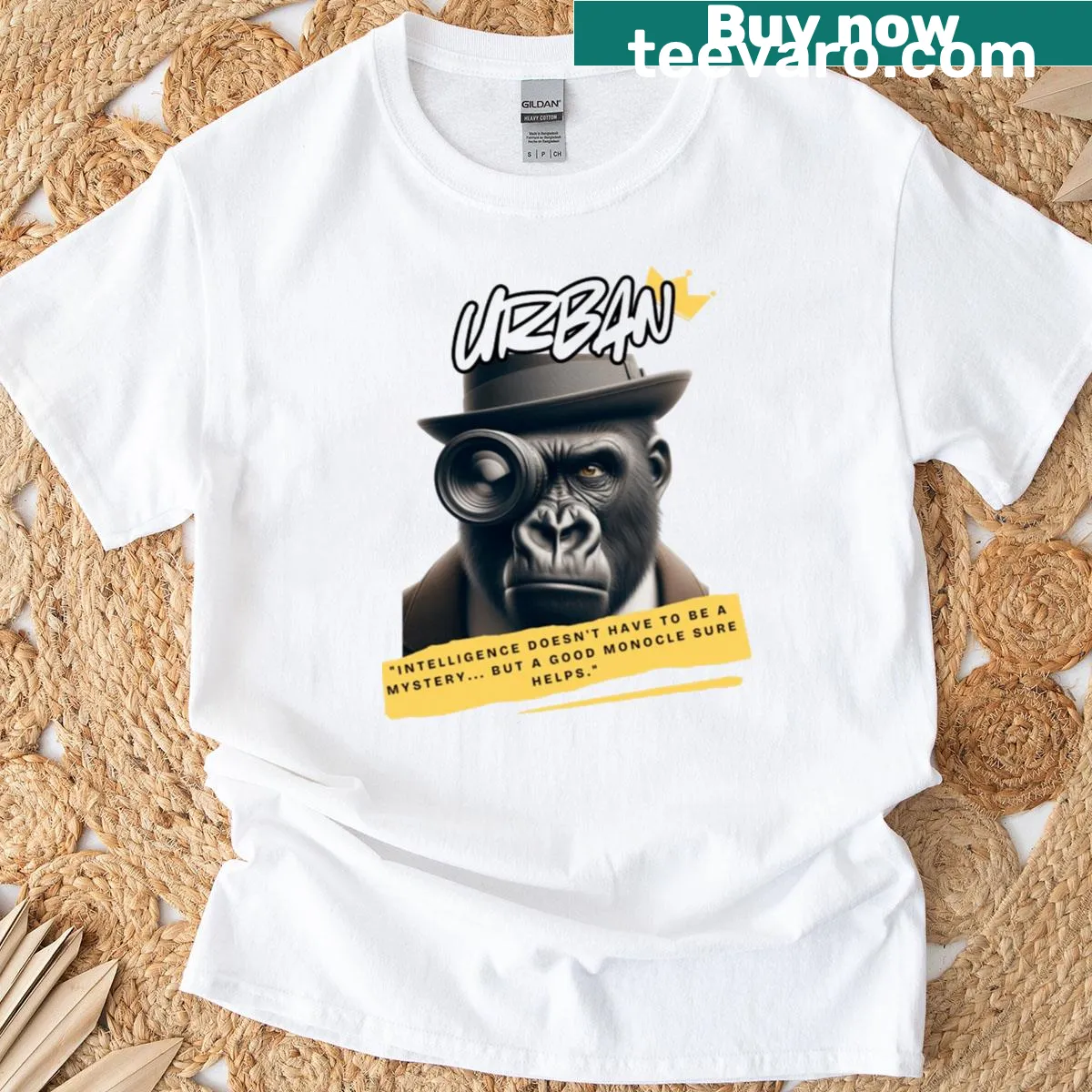 Playful Urban Monkey t-shirt featuring a cartoon gorilla with a monocular — on a men's t-shirt
