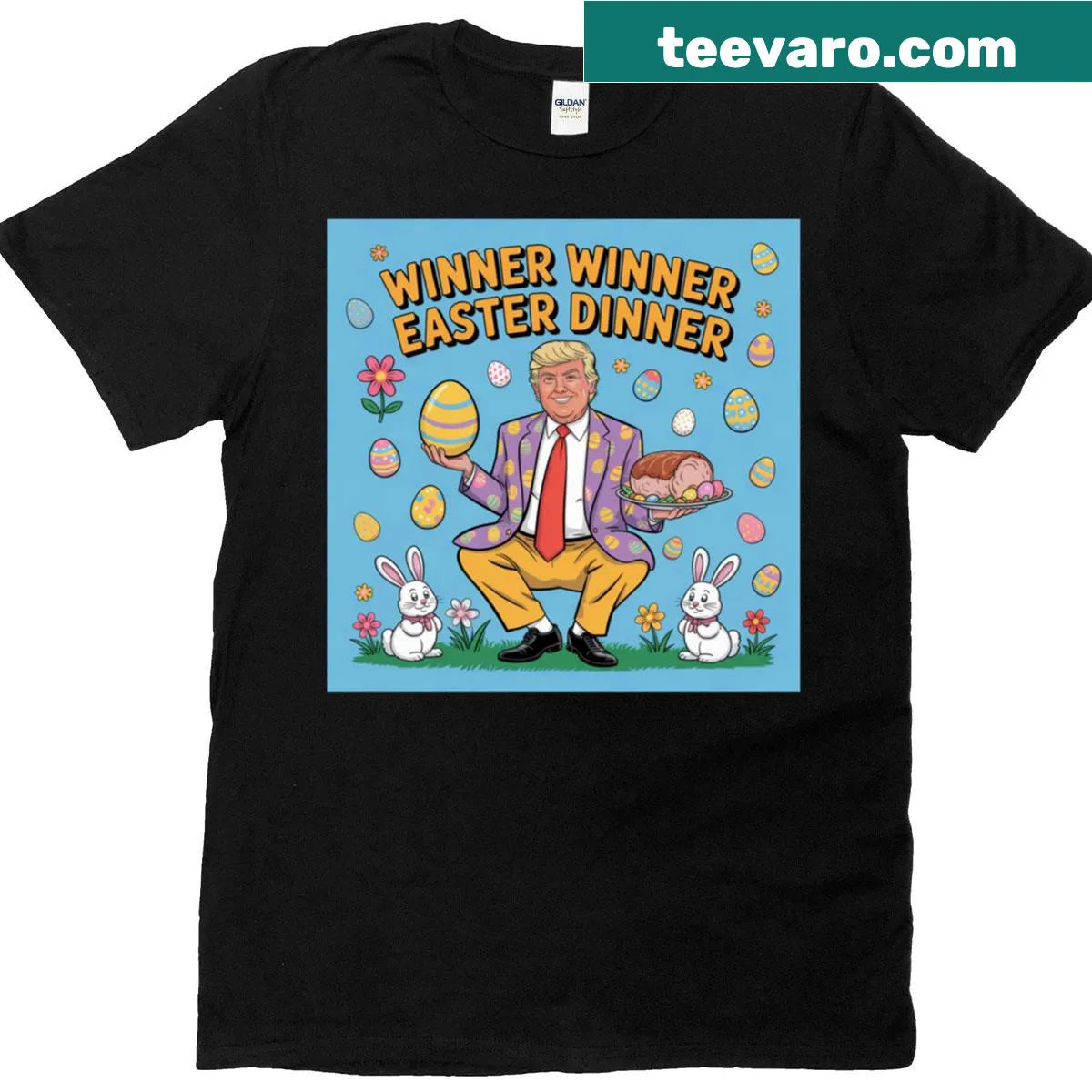 Funny Easter t-shirt with 'Winner Winner Easter Dinner' text — on a men's t-shirt