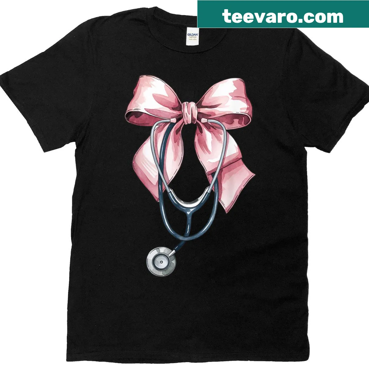 Vintage-style nurse T-shirt with pink bow design — on a men's t-shirt