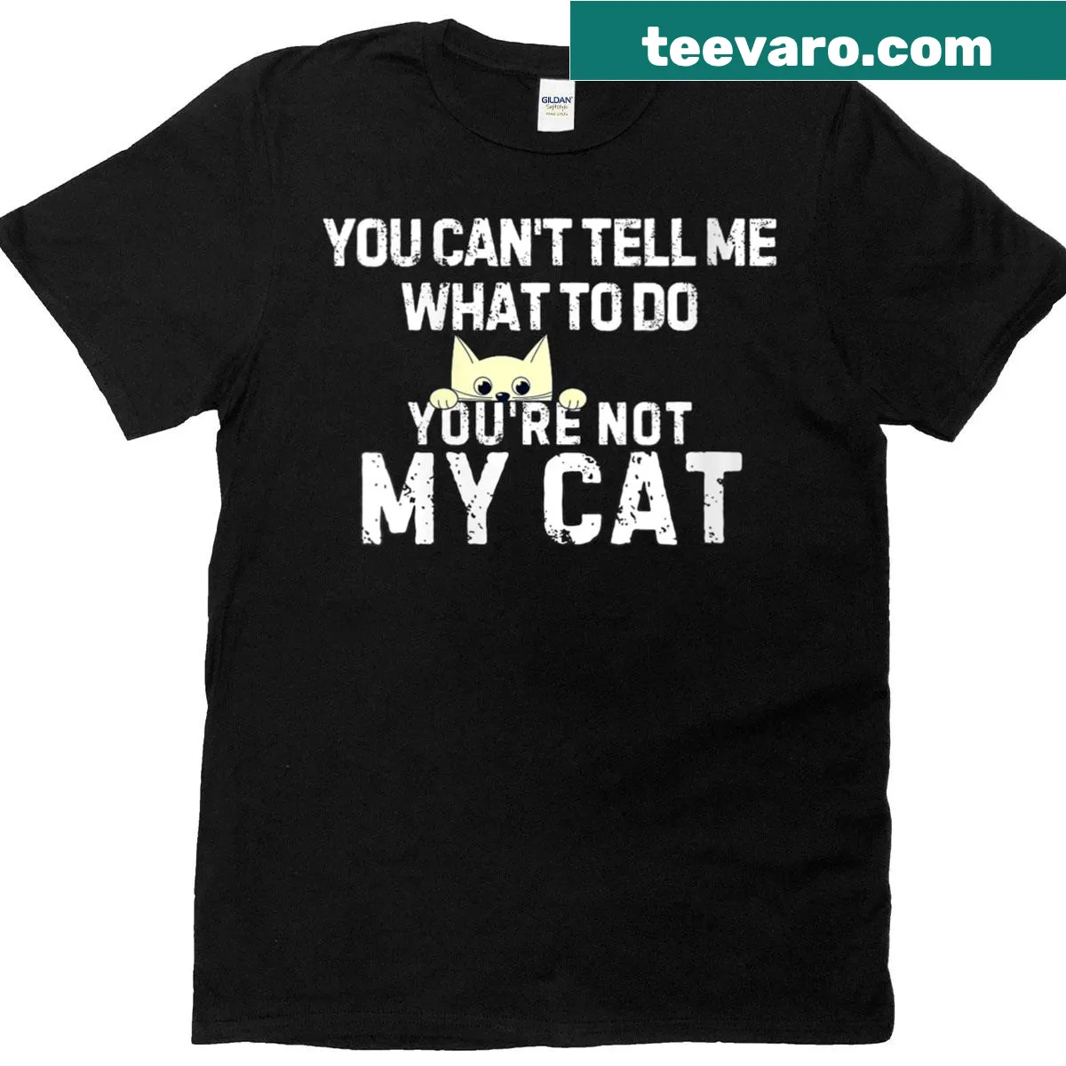 Playful cat-themed V-neck T-shirt with humorous text — on a men's t-shirt