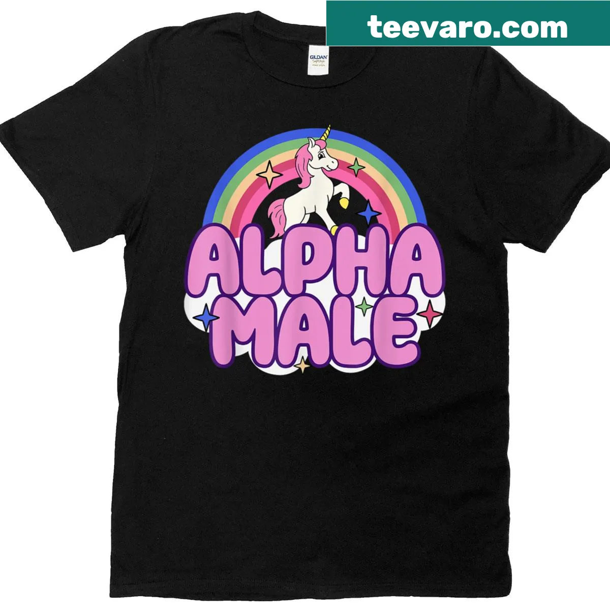 Funny t-shirt featuring an ironic alpha male unicorn graphic — on a men's t-shirt