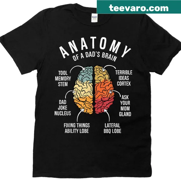 Funny t-shirt depicting the 'Anatomy Of A Dad's Brain' graphic with humorous compartments