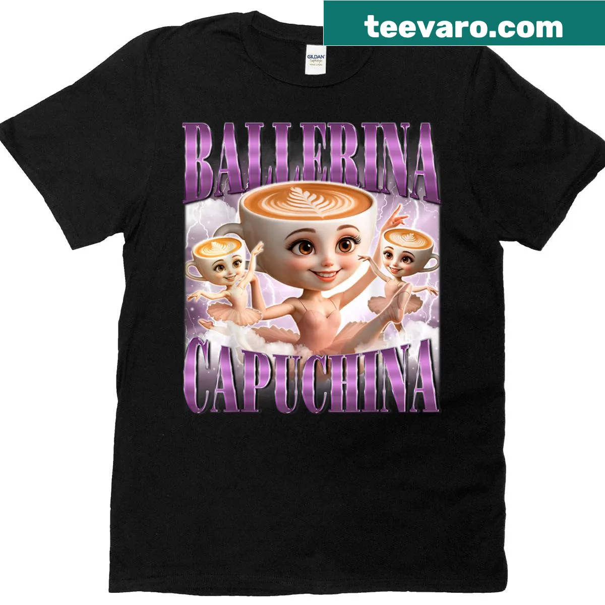 Funny Ballerina Capuchina meme t-shirt with cartoon graphic — on a men's t-shirt
