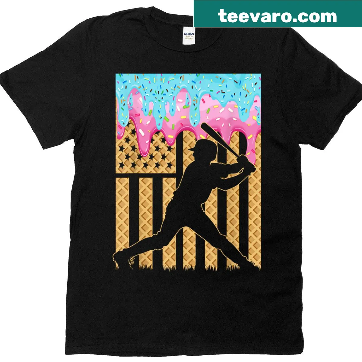 T-shirt featuring a bat boy girl graphic with dripping ice cream and American flag — on a men's t-shirt