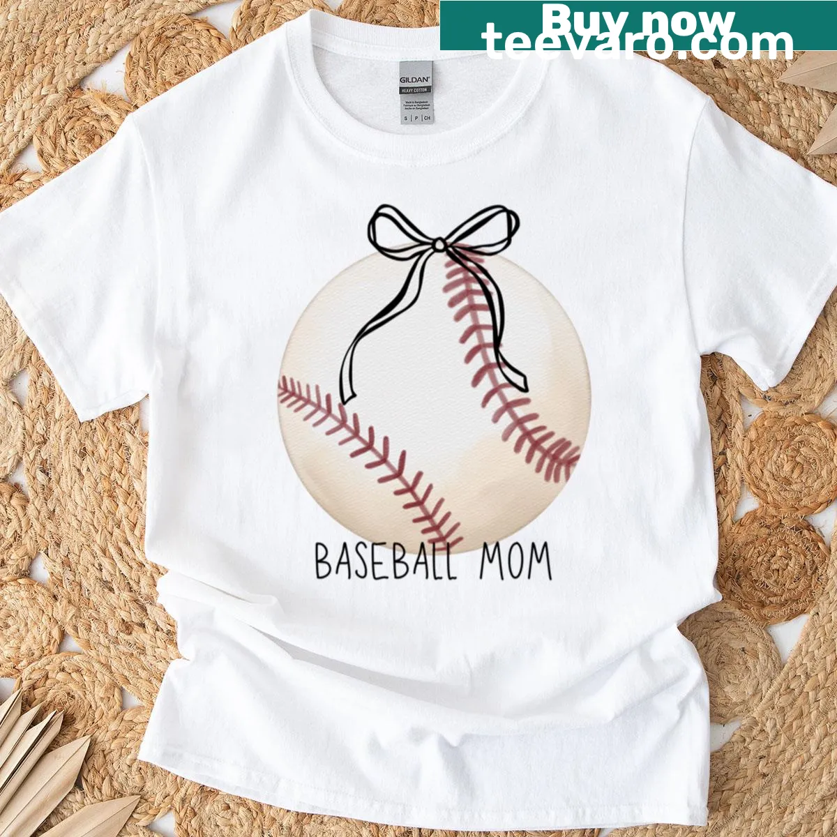 Cute baseball mom tee with a bow and the phrase 'Baseball Mom' — on a men's t-shirt