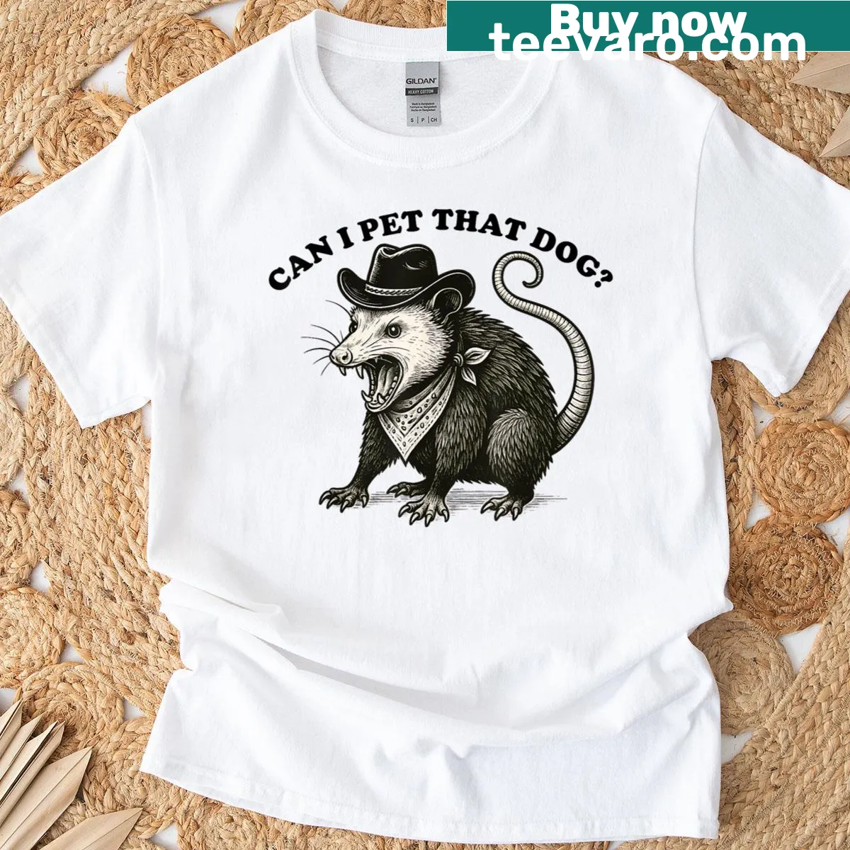 Funny opossum meme tee with the phrase 'Can I Pet That Dog?' — on a men's t-shirt
