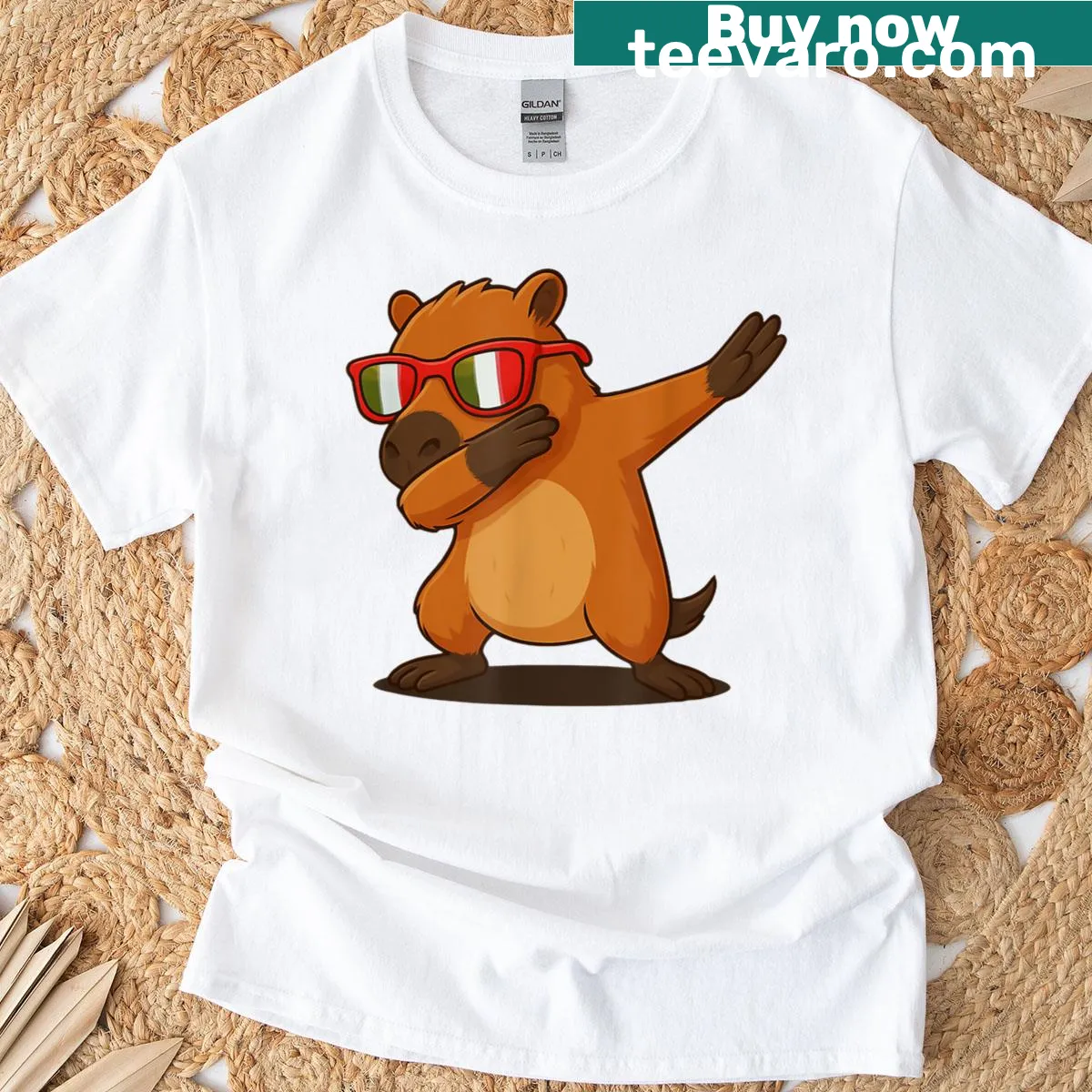 Capybara dabbing in sunglasses with Italian flag design — on a men's t-shirt