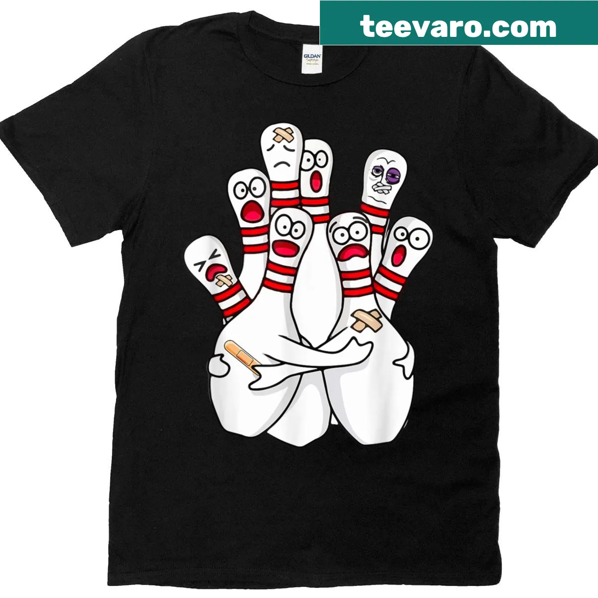 Funny cartoon bowling shirt featuring scared bowling pins — on a men's t-shirt
