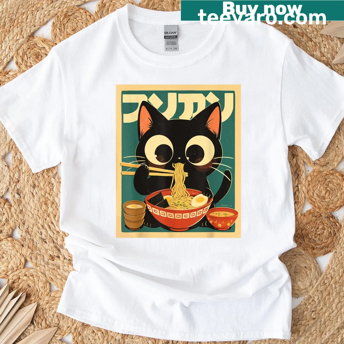 Playful Cat Ramen graphic t-shirt featuring a cat with ramen — on a men's t-shirt