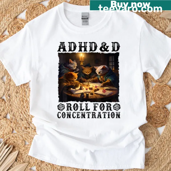 Graphic tee with the phrase 'Roll For Concentration' and playful cats