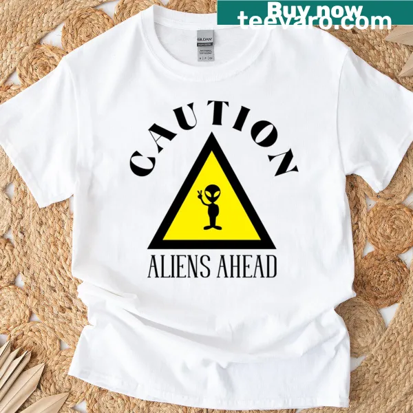 Bold Caution Alien Invasion graphic T-shirt