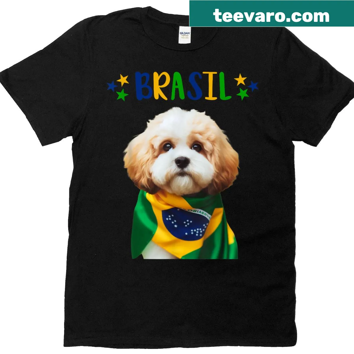 Cavachon puppy graphic t-shirt with Brazilian flag elements — on a men's t-shirt