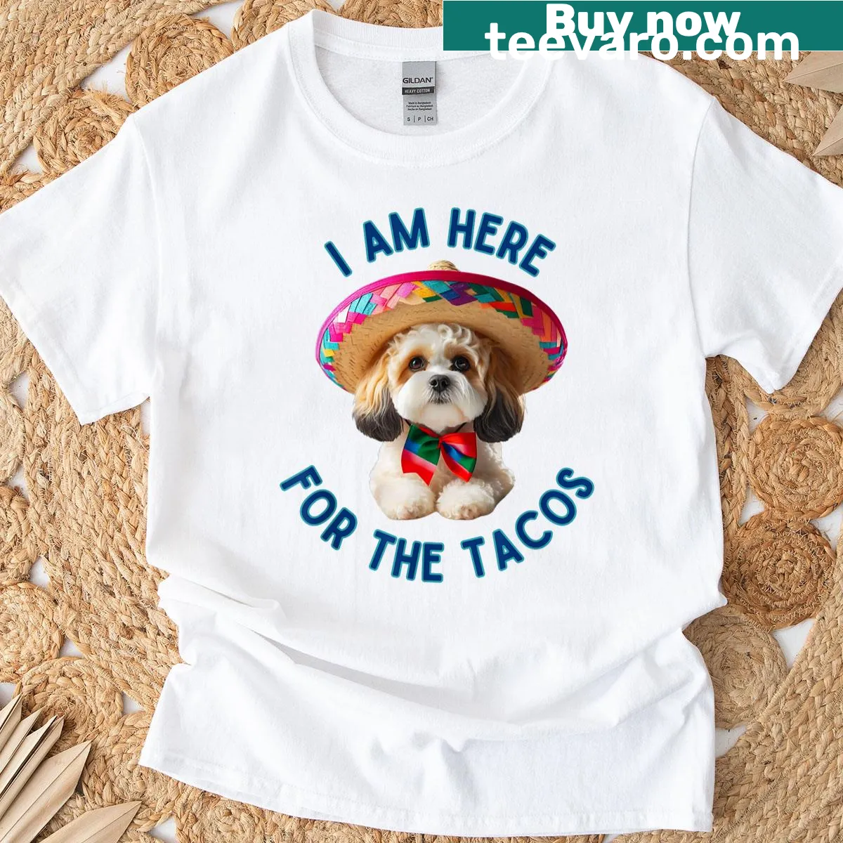 Cavachon dog graphic with taco text celebrating Cinco de Mayo — on a men's t-shirt