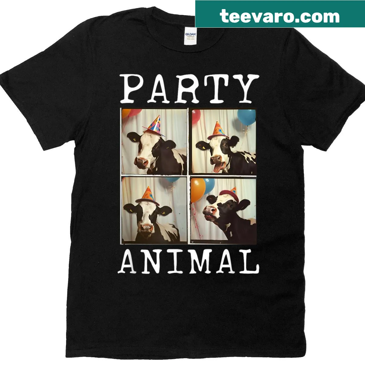 Cow wearing a party hat funny t-shirt — on a men's t-shirt
