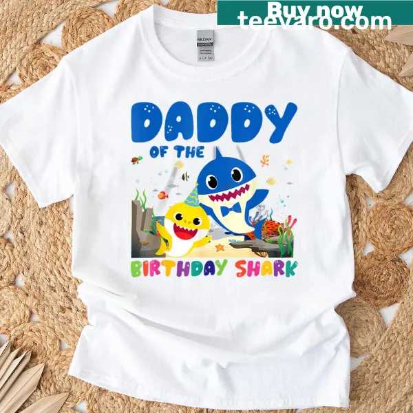 T-shirt with 'Daddy of the Birthday Family' shark graphic