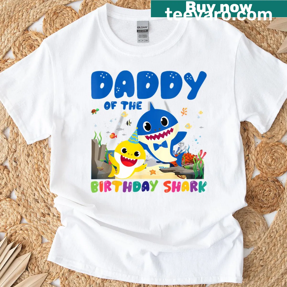 T-shirt with 'Daddy of the Birthday Family' shark graphic — on a men's t-shirt