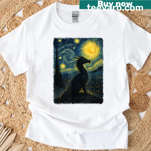 Illustrated dragon and starry sky design on T-shirt
