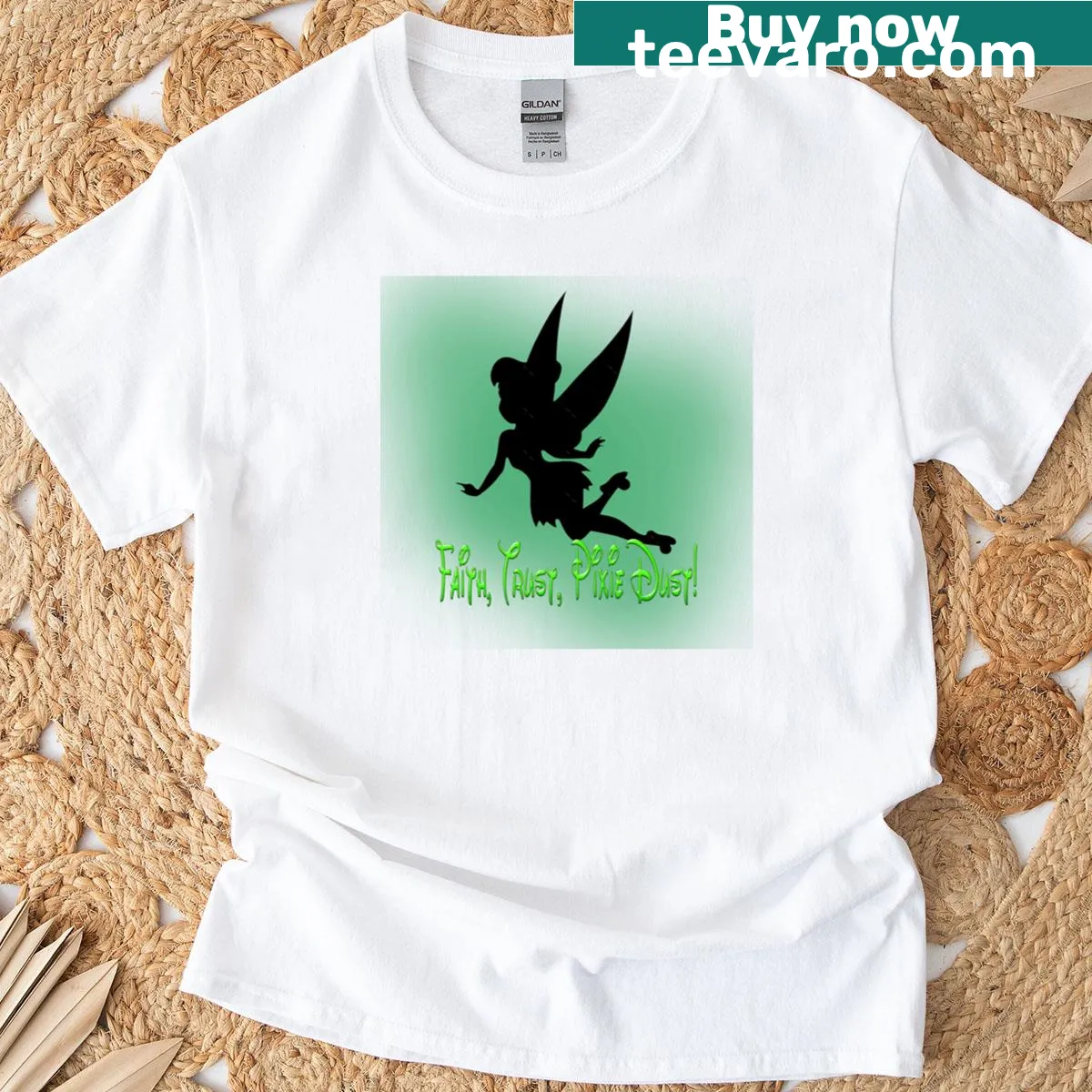 Hand-lettered T-shirt featuring the phrase 'Faith, Trust, and Pixie Dust' — on a men's t-shirt