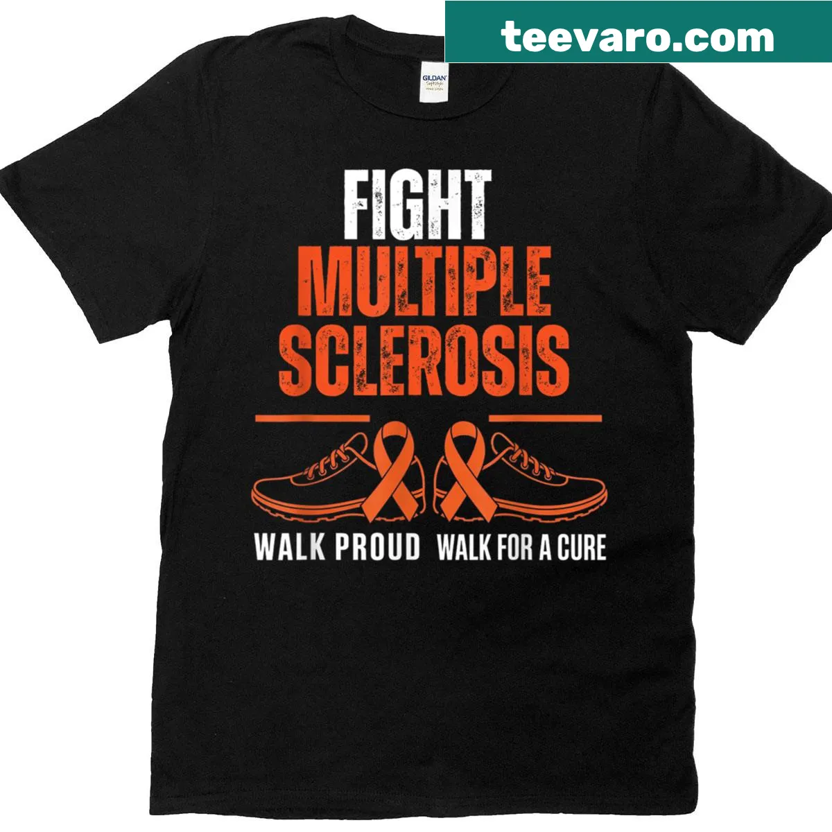 Awareness T-shirt with warrior ribbon design for MS support — on a men's t-shirt
