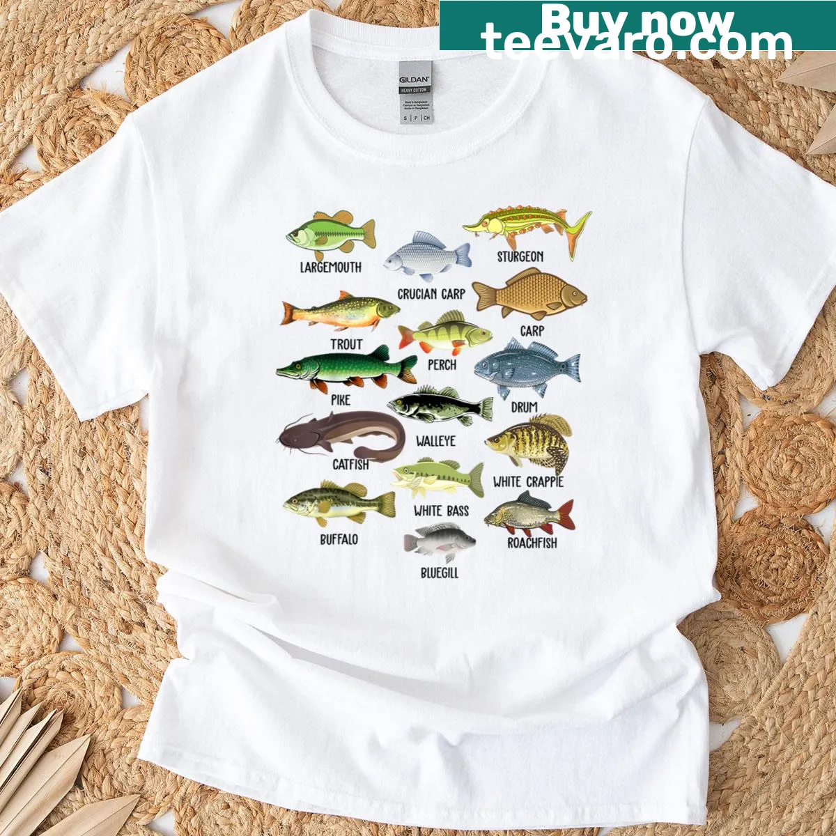 Funny bass dad graphic t-shirt featuring various freshwater fish illustrations — on a men's t-shirt