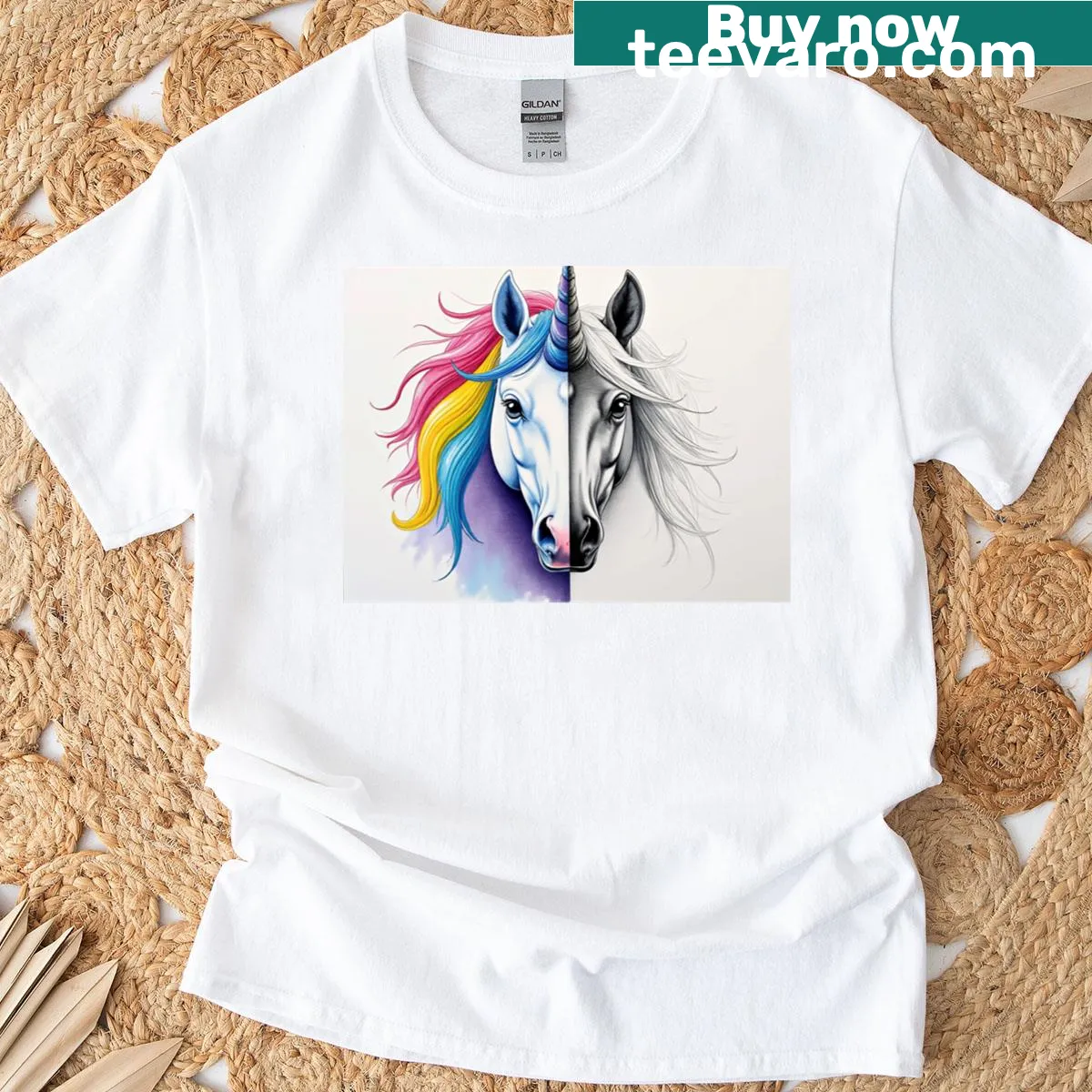 Illustration of a half-colored unicorn on a T-shirt — on a men's t-shirt