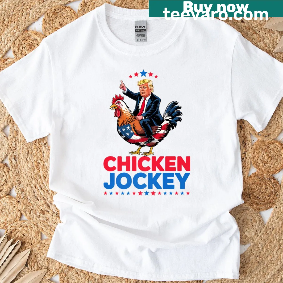 Humorous chicken jockey meme graphic on T-shirt — on a men's t-shirt