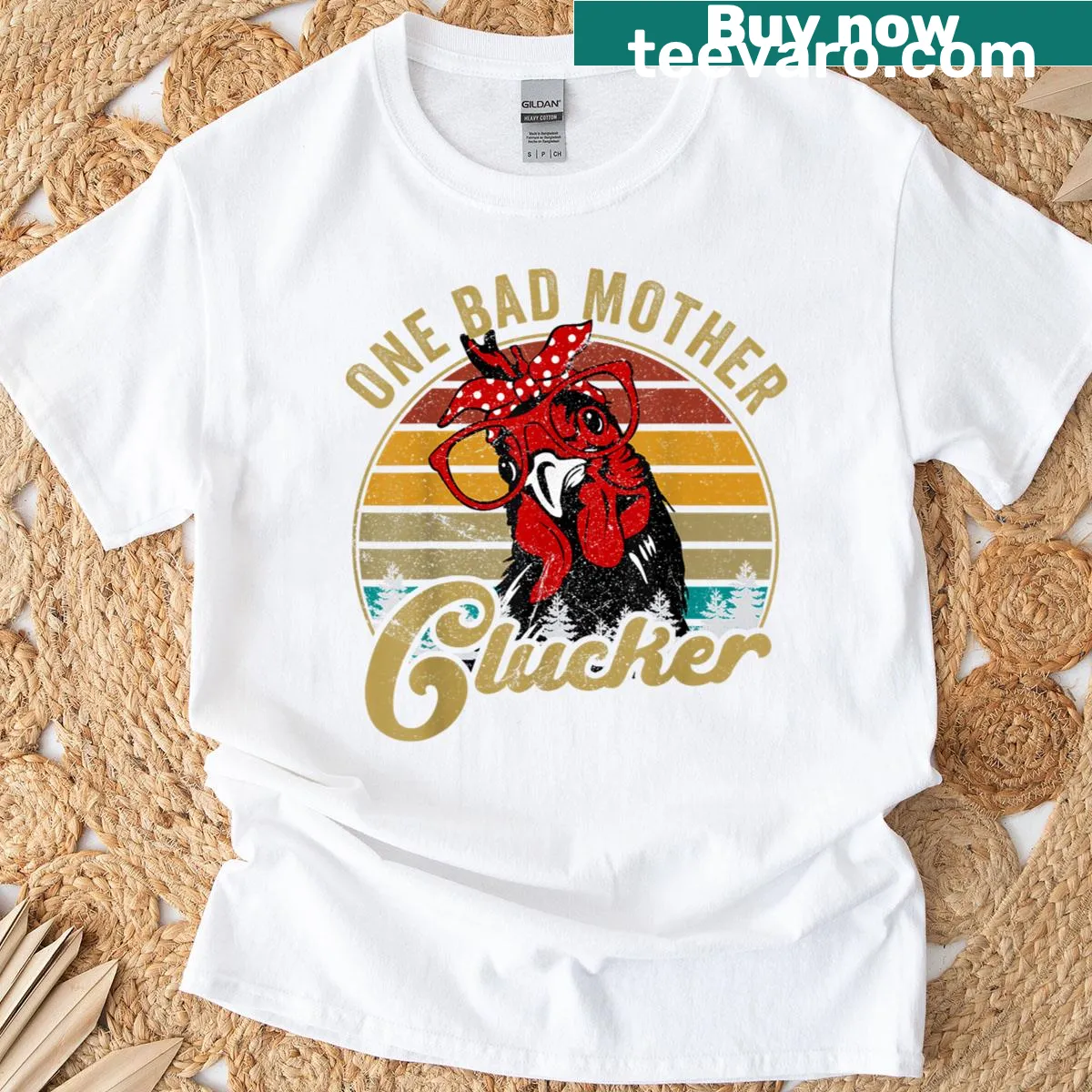 Funny Chicken One Bad Mother Clucker T-shirt with humorous text. — on a men's t-shirt