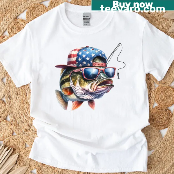 Funny fishing t-shirt featuring American flag design and fishing graphics.
