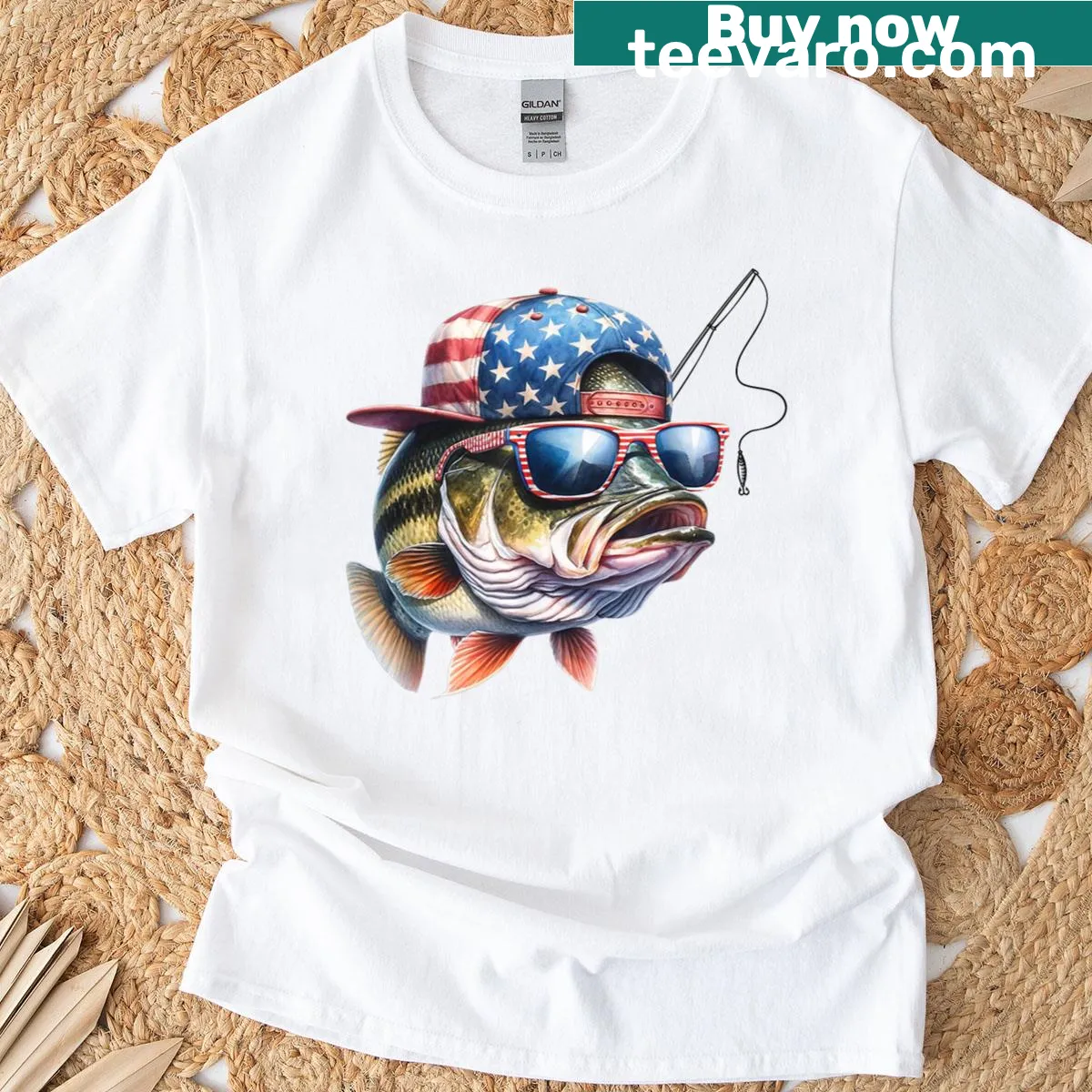 Funny fishing t-shirt featuring American flag design and fishing graphics. — on a men's t-shirt