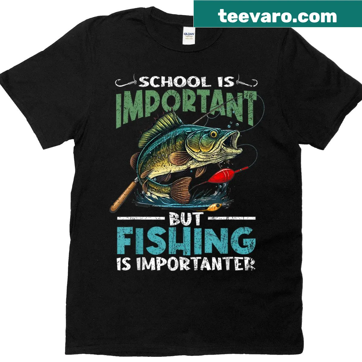 Funny fishing t-shirt for kids with playful fish graphics — on a men's t-shirt