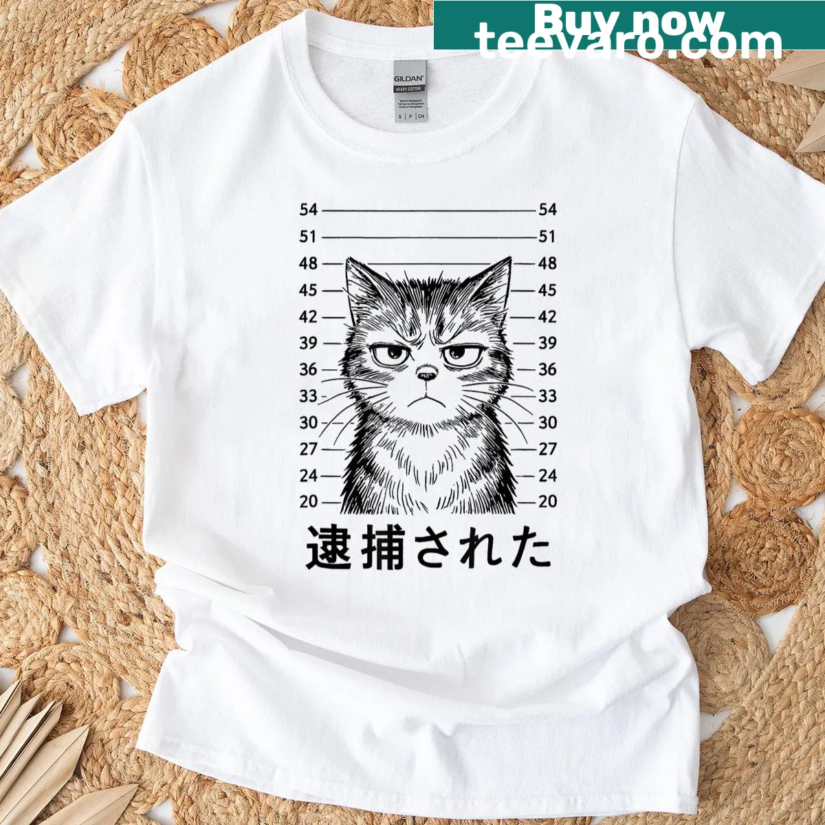Funny cat mugshot graphic on T-shirt — on a men's t-shirt