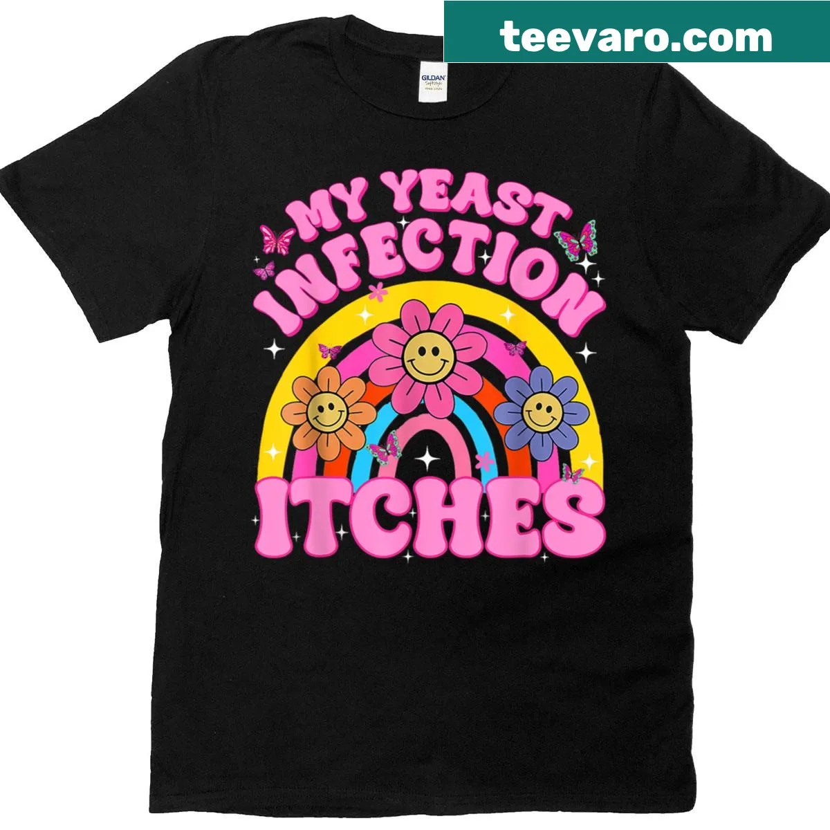Offensive meme t-shirt with the phrase about yeast infection itching — on a men's t-shirt