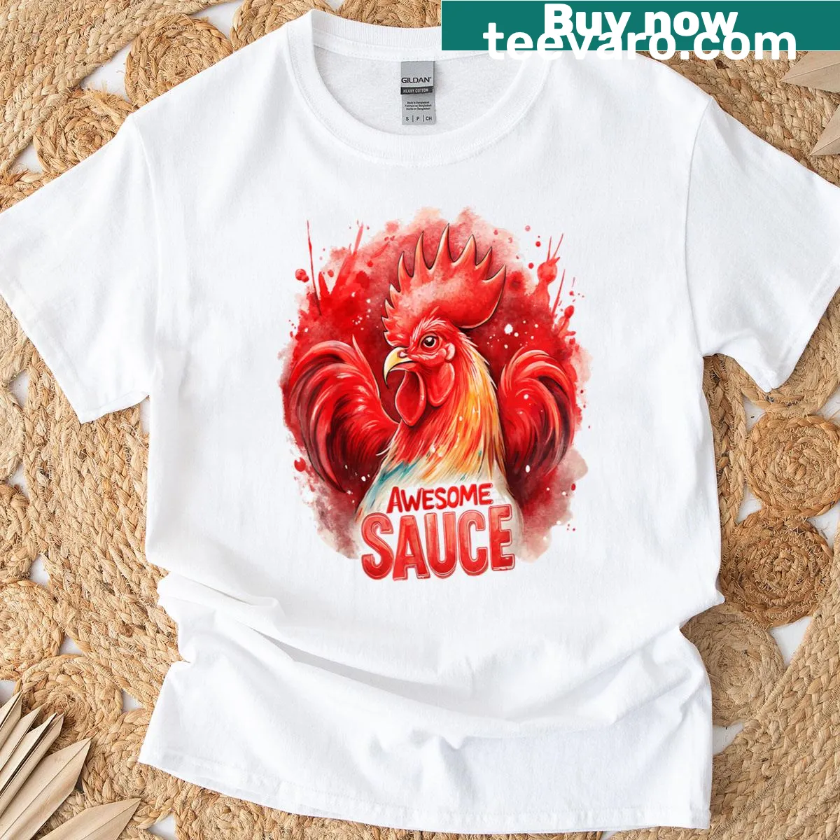 Humorous rooster graphic on T-shirt — on a men's t-shirt