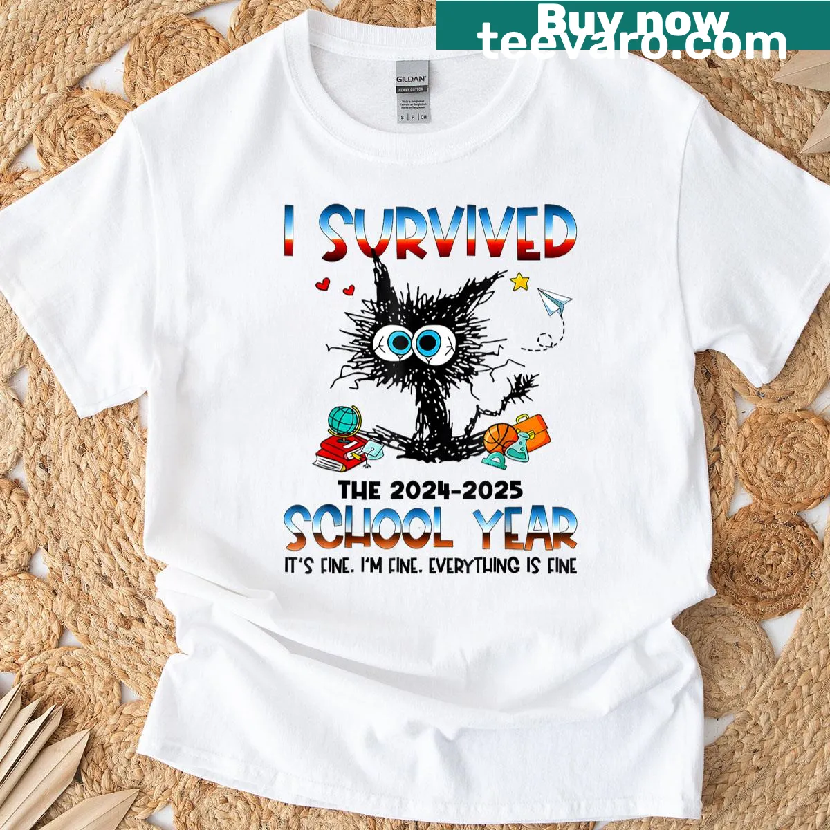 Graphic with 'I Survived Last Day Of The School Year 2025' text. — on a men's t-shirt