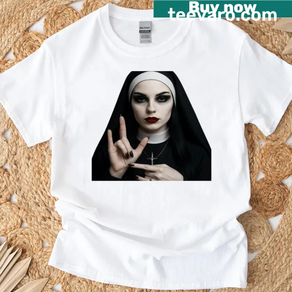 Goth nun illustration with Silent Blessings text on t-shirt